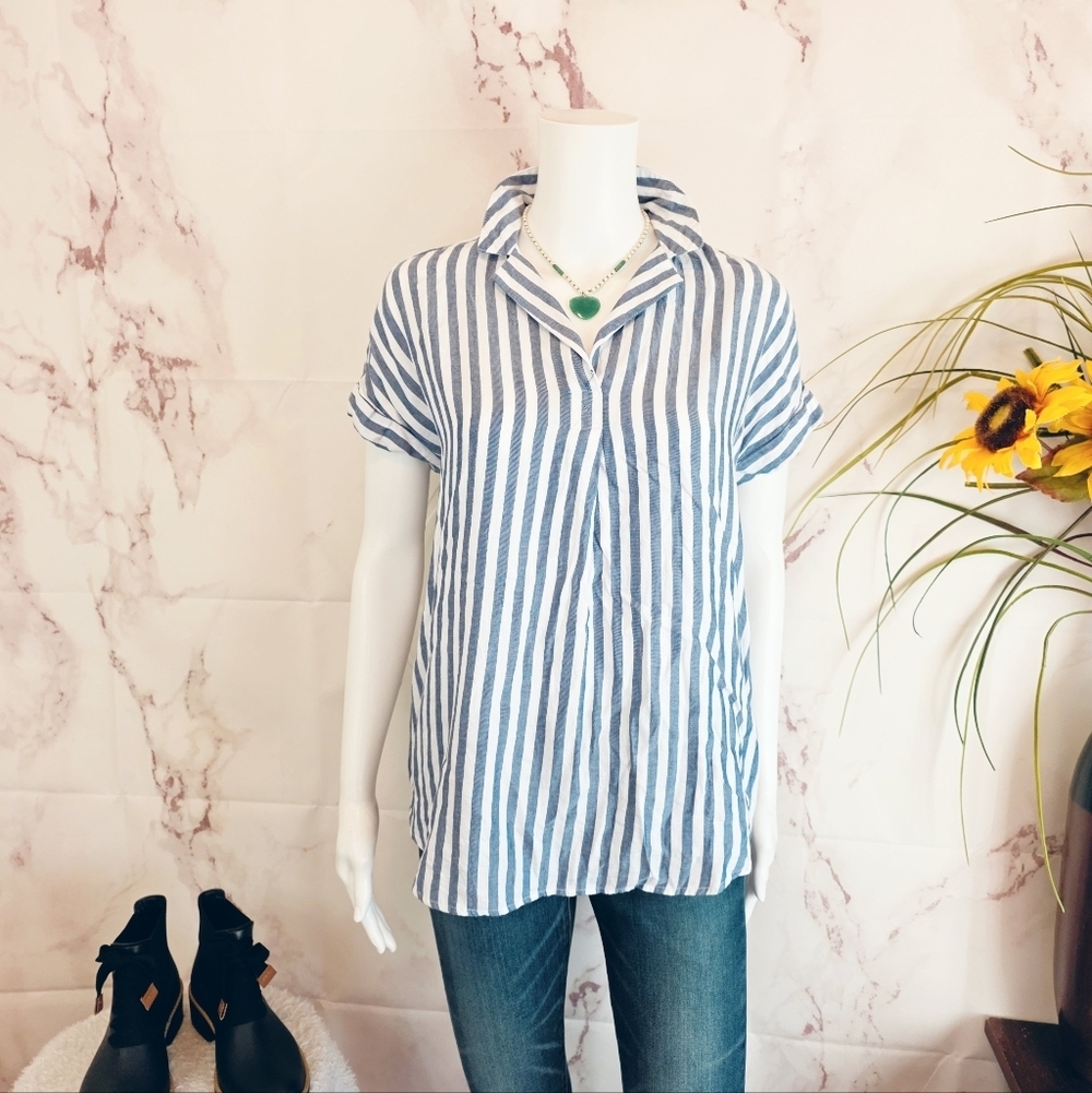 Beach Lunch Lounge Blue White Stripe Rayon Lyocell Resort Top XS Flowy Soft